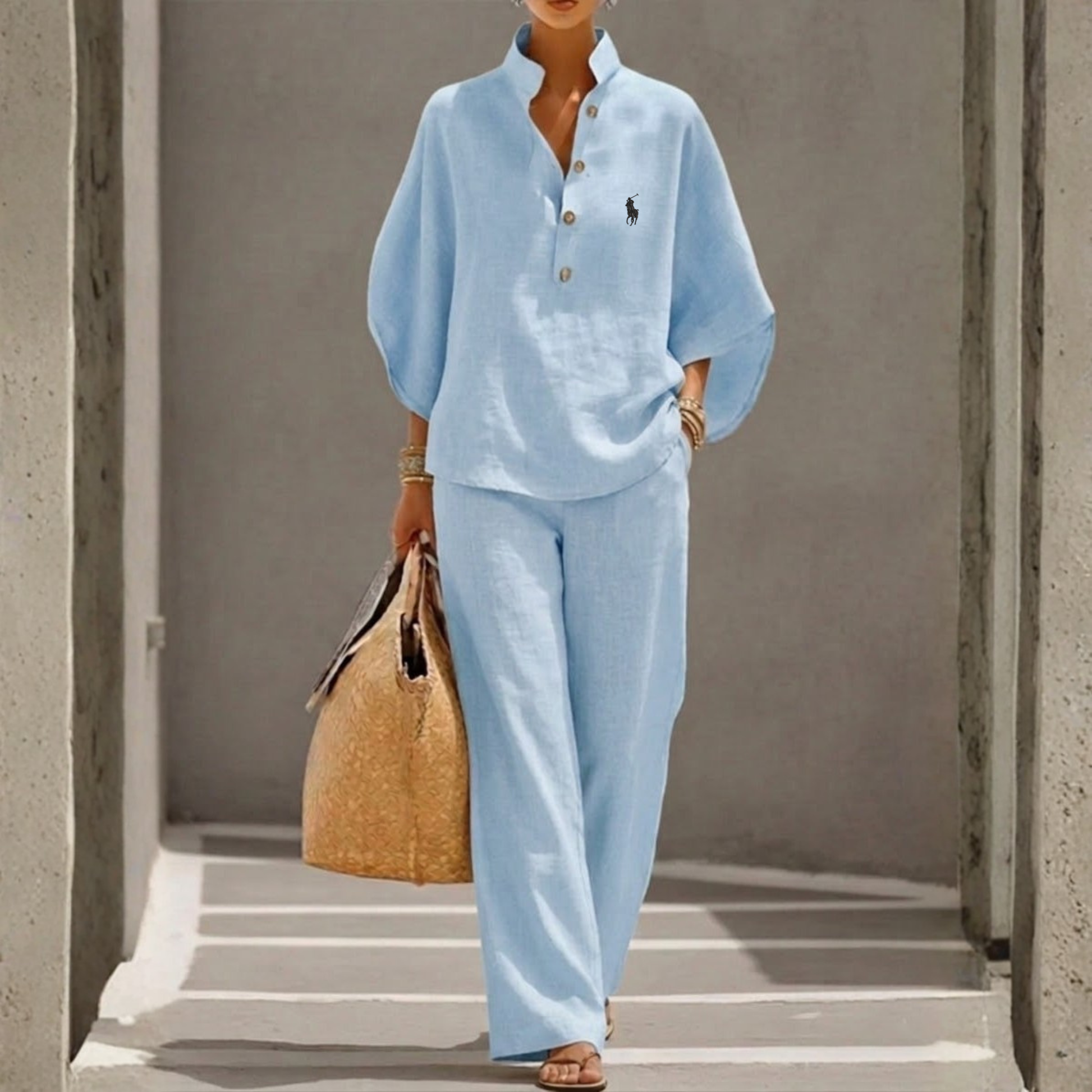 RL | Ensemble Coton Lin Manches Chauve-Souris Pantalon Large