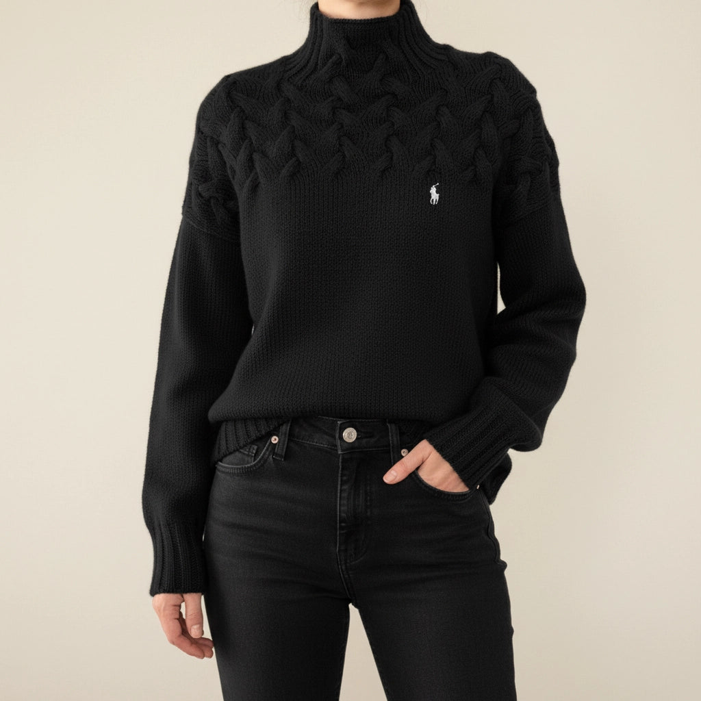 Pull noir à col montant en maille torsadée