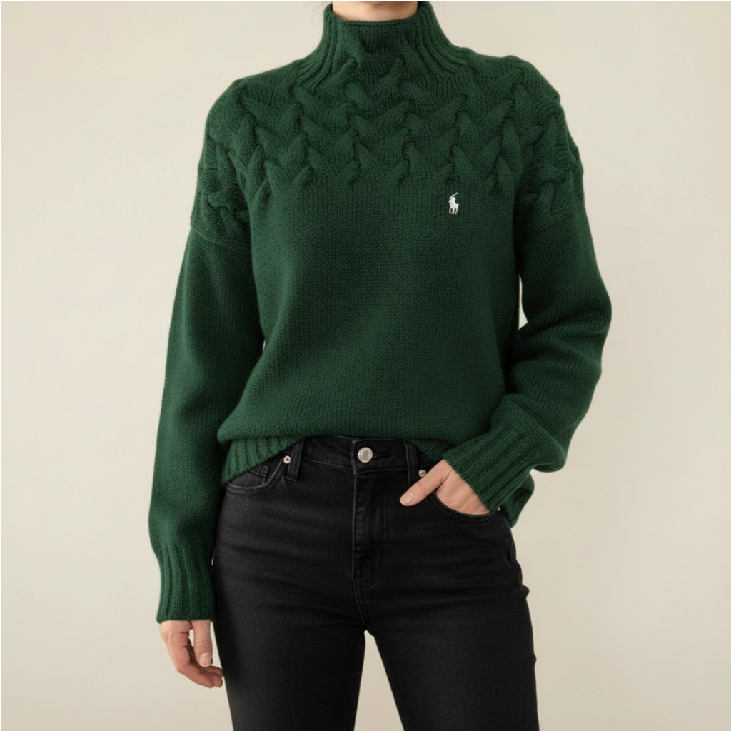 Pull noir à col montant en maille torsadée