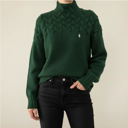 Pull noir à col montant en maille torsadée