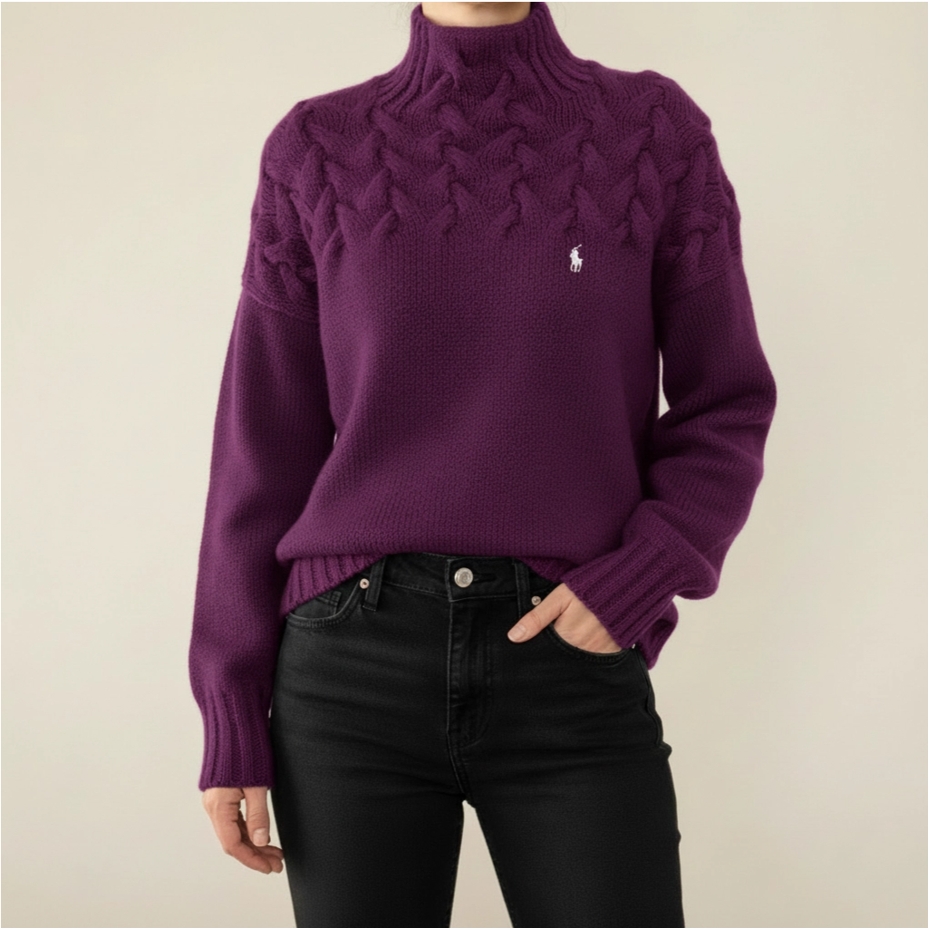 Pull noir à col montant en maille torsadée