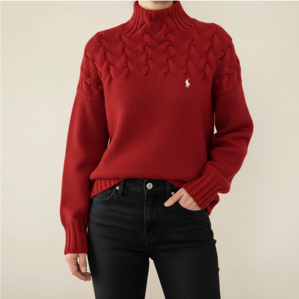 Pull noir à col montant en maille torsadée