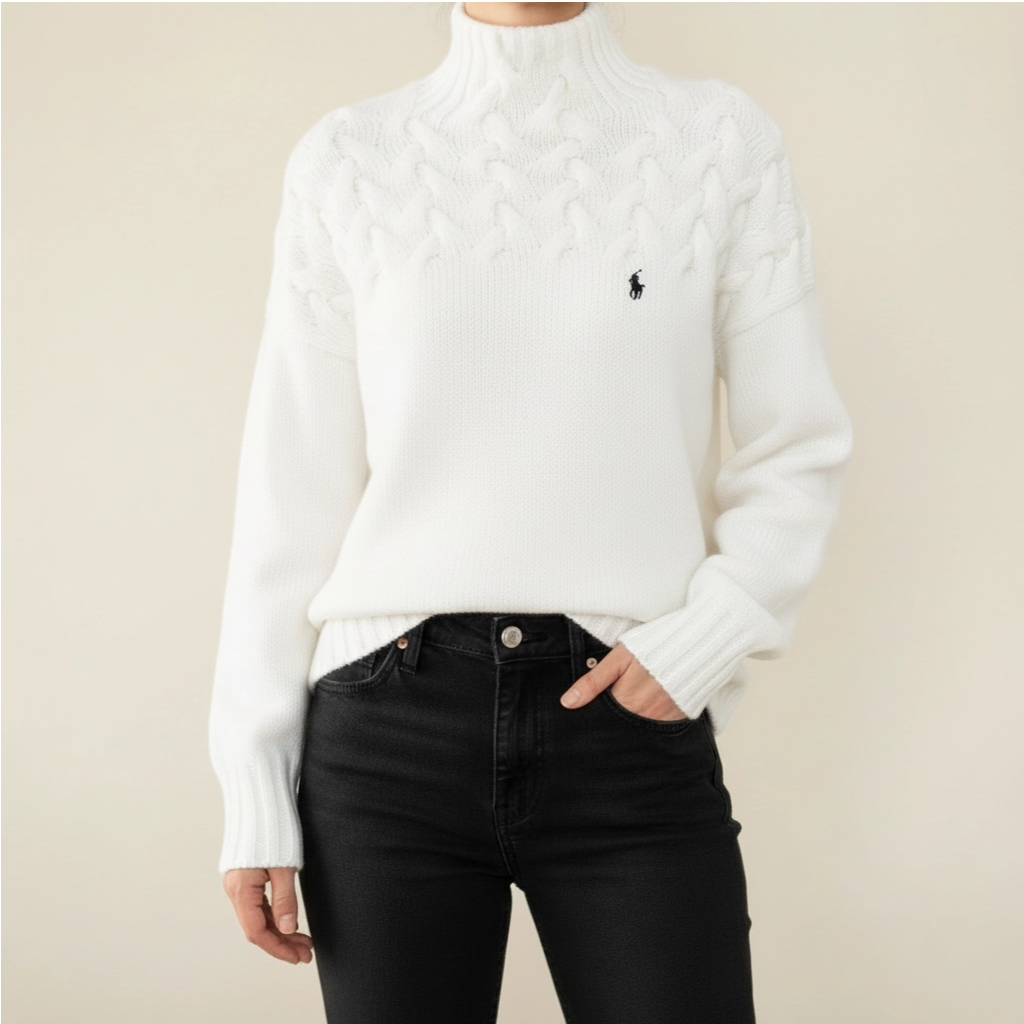 Pull noir à col montant en maille torsadée