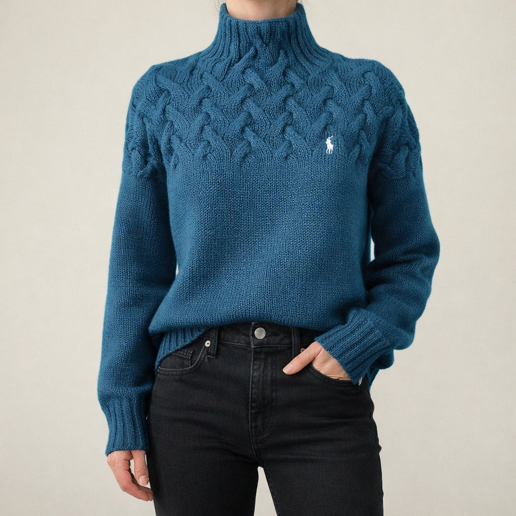 Pull noir à col montant en maille torsadée