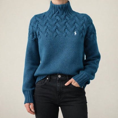 Pull noir à col montant en maille torsadée