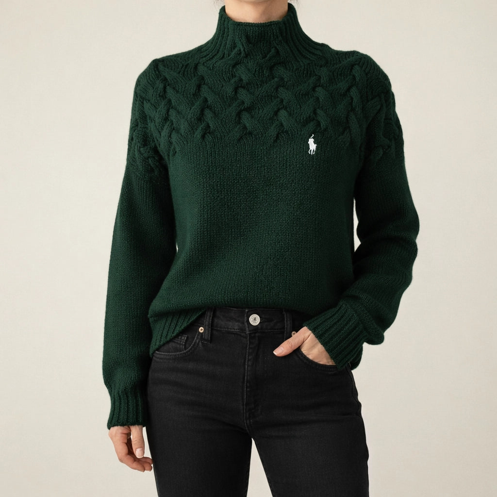 Pull noir à col montant en maille torsadée